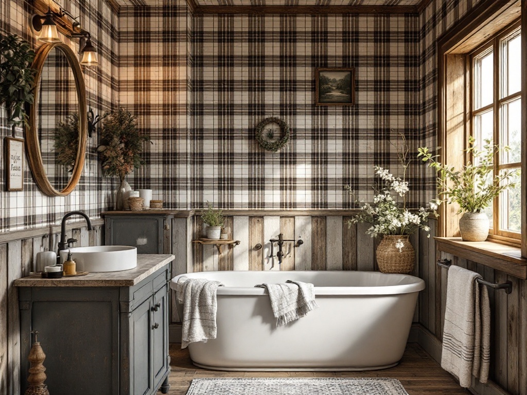 A rustic farmhouse bathroom featuring plaid wallpaper, a freestanding tub, and wooden accents.