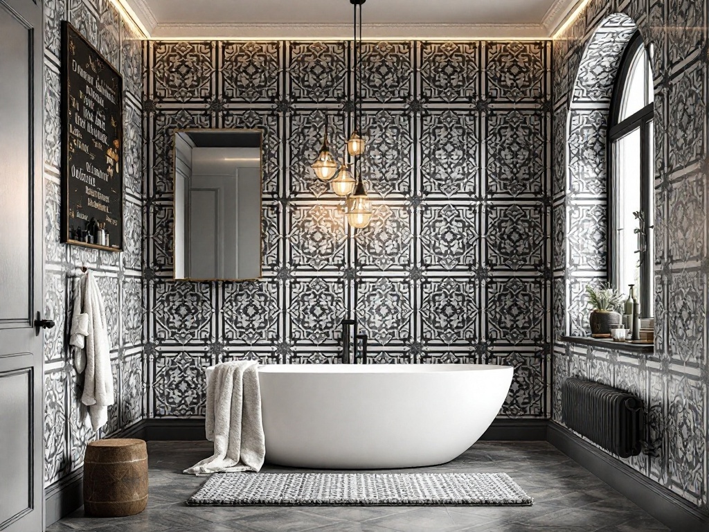 Modern bathroom with geometric wallpaper, freestanding tub, and stylish lighting.