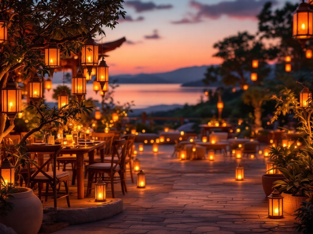 Outdoor wedding setup with terracotta lanterns providing warm lighting at sunset.