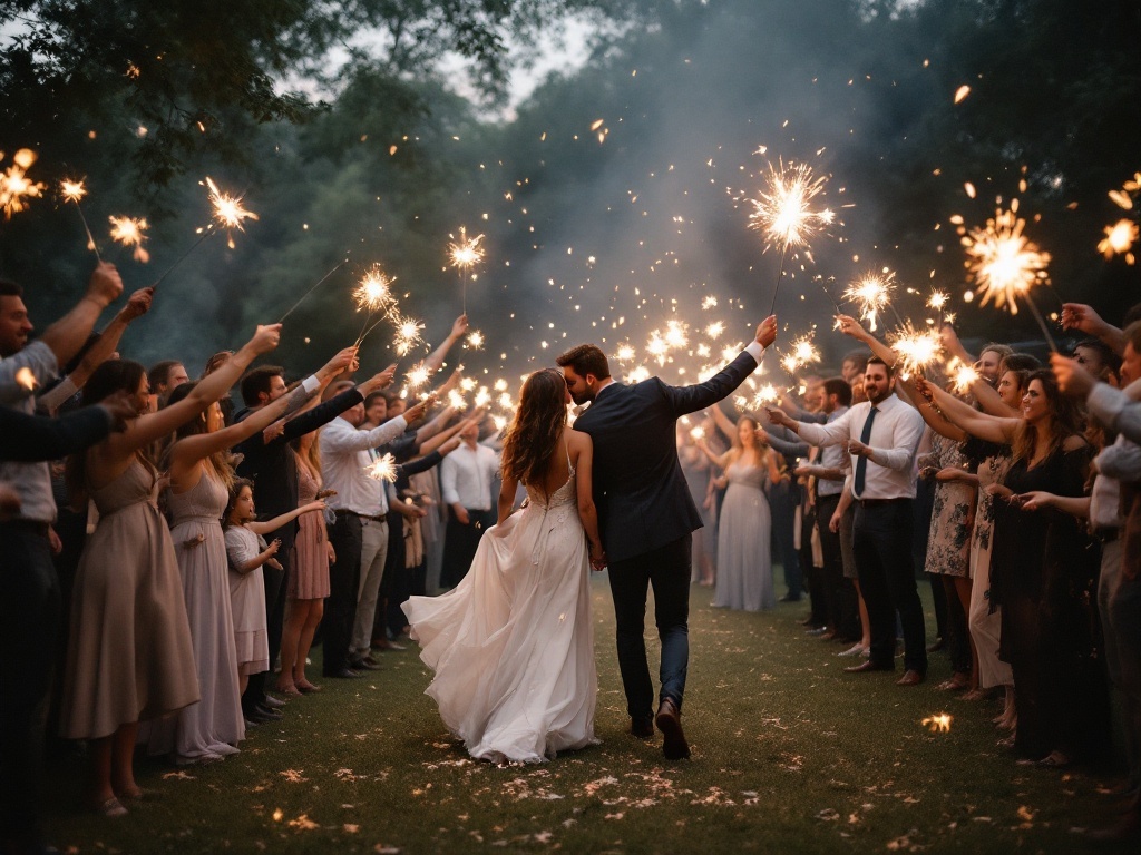 A couple walking through a tunnel of sparklers held by guests at their wedding.