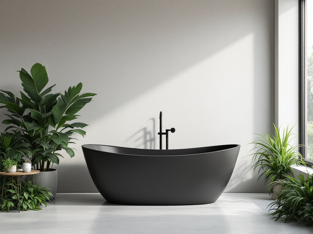 A modern black bathtub surrounded by plants in a bright bathroom.