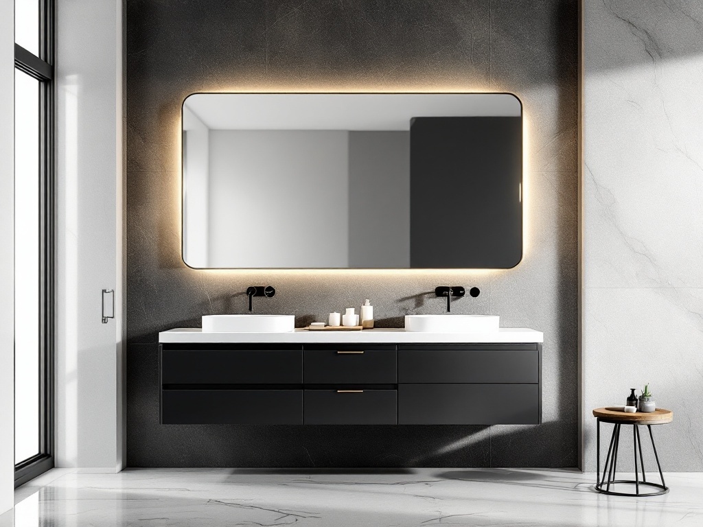 A modern bathroom featuring a floating black vanity with a large mirror and backlighting.