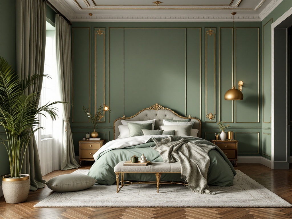 A stylish bedroom featuring sage green walls, gold accents, and elegant decor.