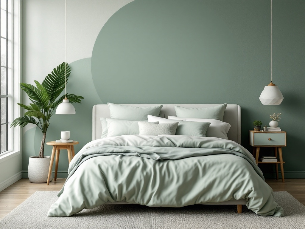 A stylish bedroom featuring sage green walls and soft blue bedding, complemented by natural elements.