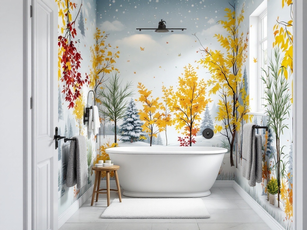 A beautifully decorated bathroom with autumn-themed wallpaper featuring colorful trees and a white bathtub.