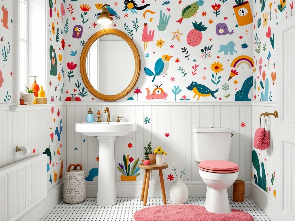 A colorful bathroom with whimsical wallpaper featuring playful animals and flowers.