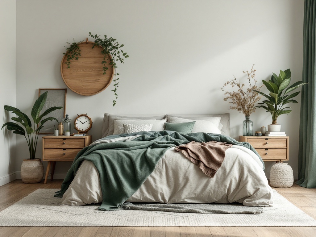 A modern farmhouse bedroom featuring sage green blankets, neutral bedding, wooden nightstands, and plants.