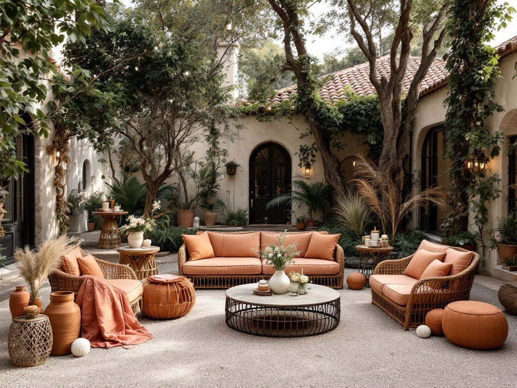 Cozy outdoor seating area with terracotta decor, featuring warm tones and lush greenery.