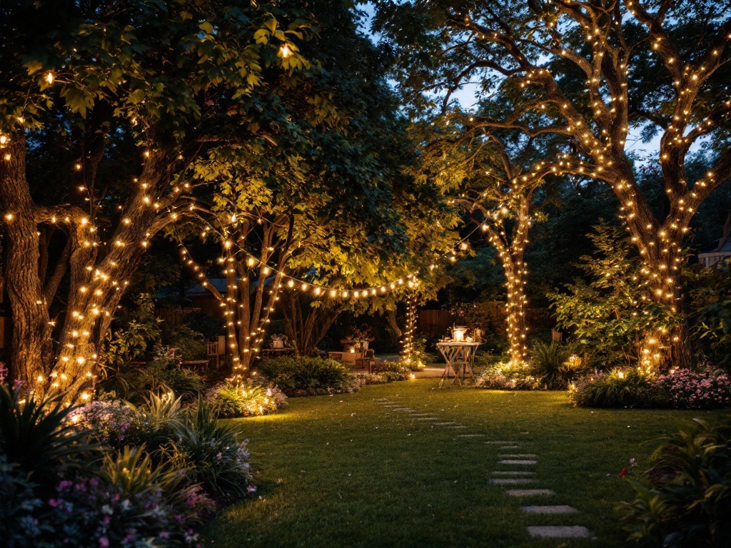 A beautifully lit backyard with twinkling string lights hanging from trees, creating a cozy atmosphere for a wedding.