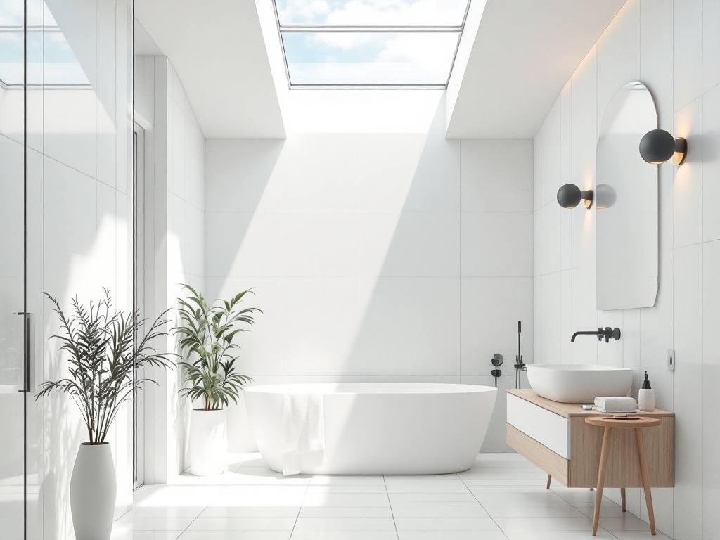 A bright and airy bathroom featuring a skylight, freestanding bathtub, wooden vanity, and plants.