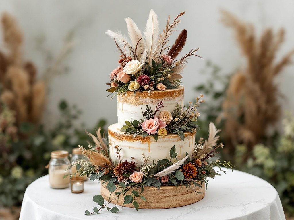 A three-tiered boho wedding cake decorated with flowers and feathers, set on a wooden base.