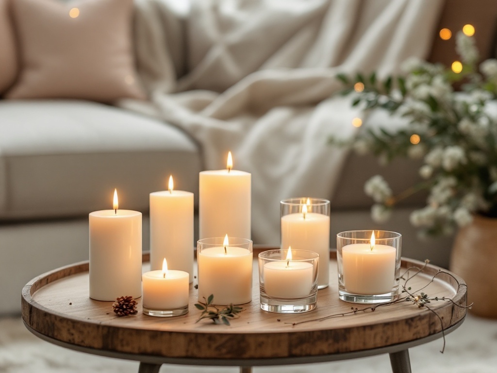 A collection of white scented candles on a wooden tray, surrounded by greenery and soft pillows in a cozy living space.