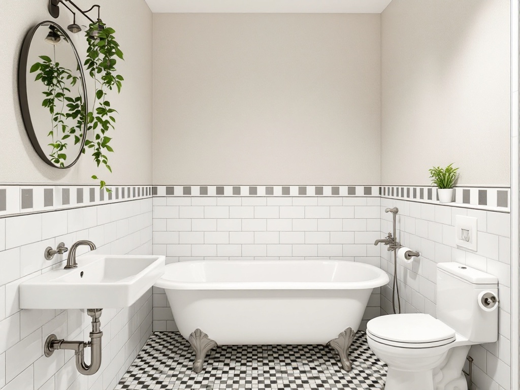 A stylish bathroom featuring a classic black and white checkerboard floor, white subway tiles, a clawfoot tub, and greenery.