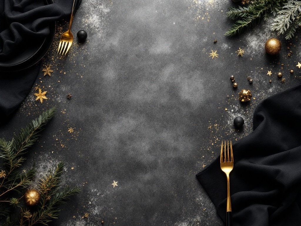 A dramatic black and gold tablescape featuring a black plate, golden fork, and festive decorations.