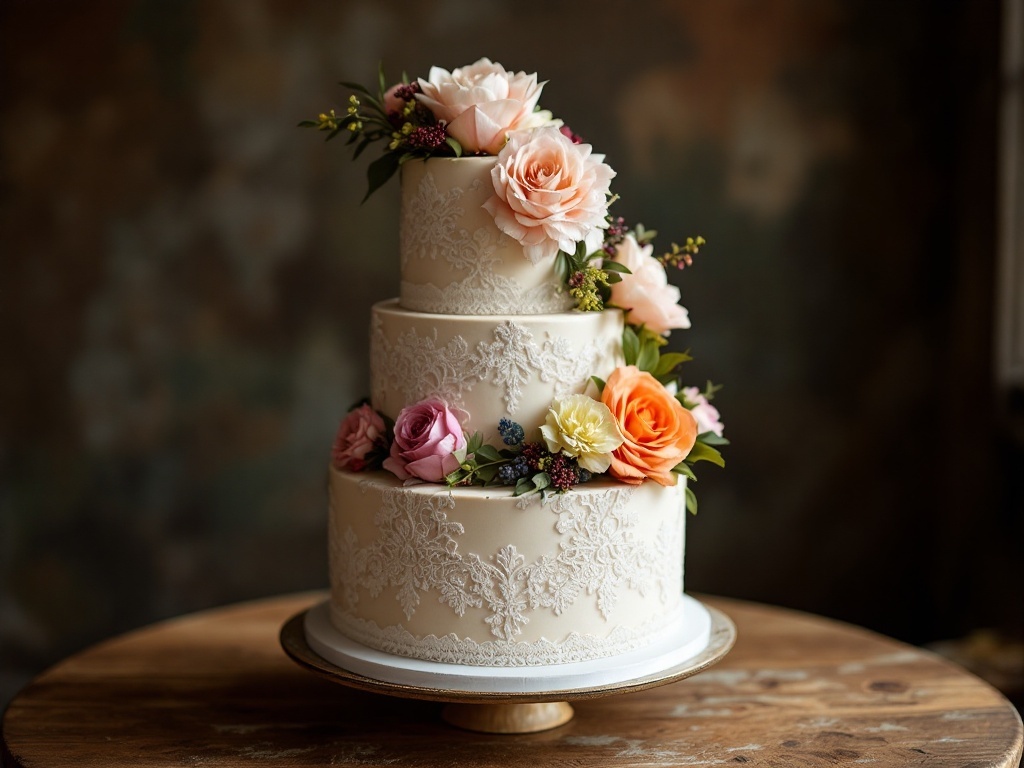 A three-tiered wedding cake decorated with vintage lace and colorful flowers.