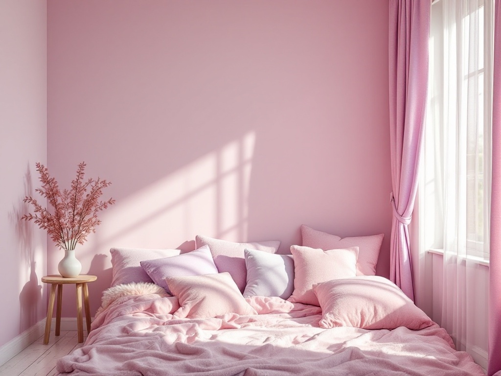 A cozy bedroom with soft pink walls, plush pillows, and natural light