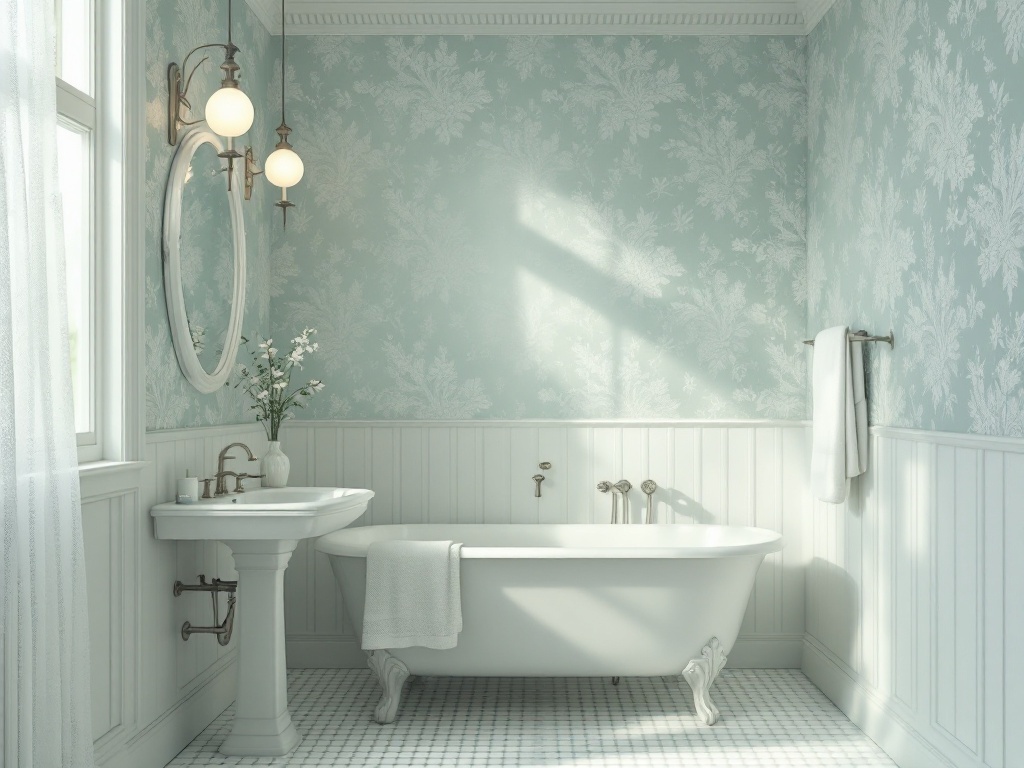 A bathroom featuring soft lace patterned wallpaper, a vintage bathtub, and elegant fixtures.