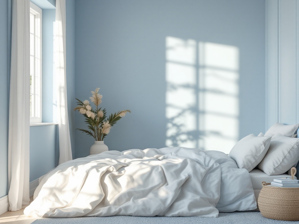 A serene bedroom with blue walls, white bedding, and a potted plant.
