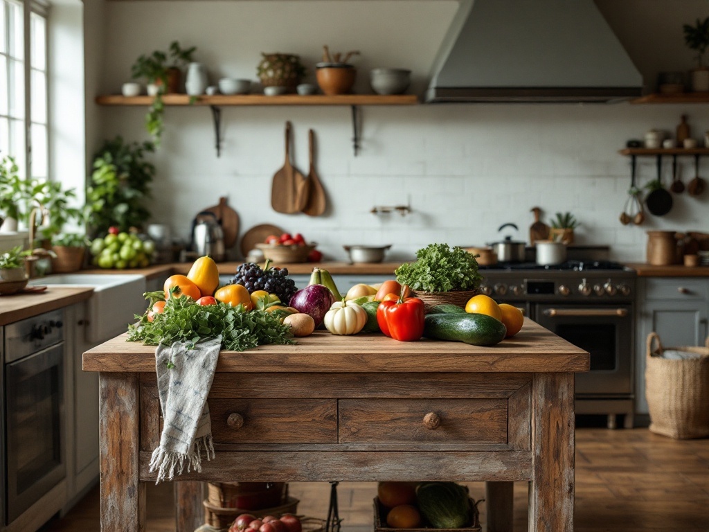 Rustic kitchen with a butcher block island surrounded by fresh vegetables and herbs