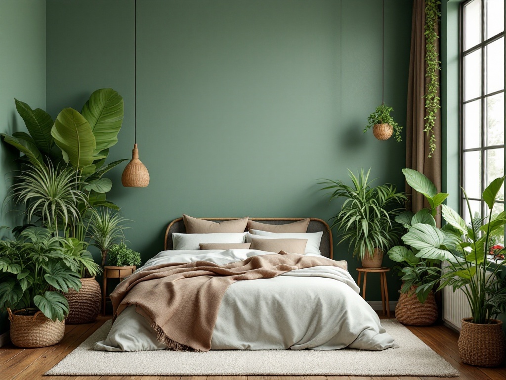 A serene bedroom featuring green walls, brown bedding, and various indoor plants.