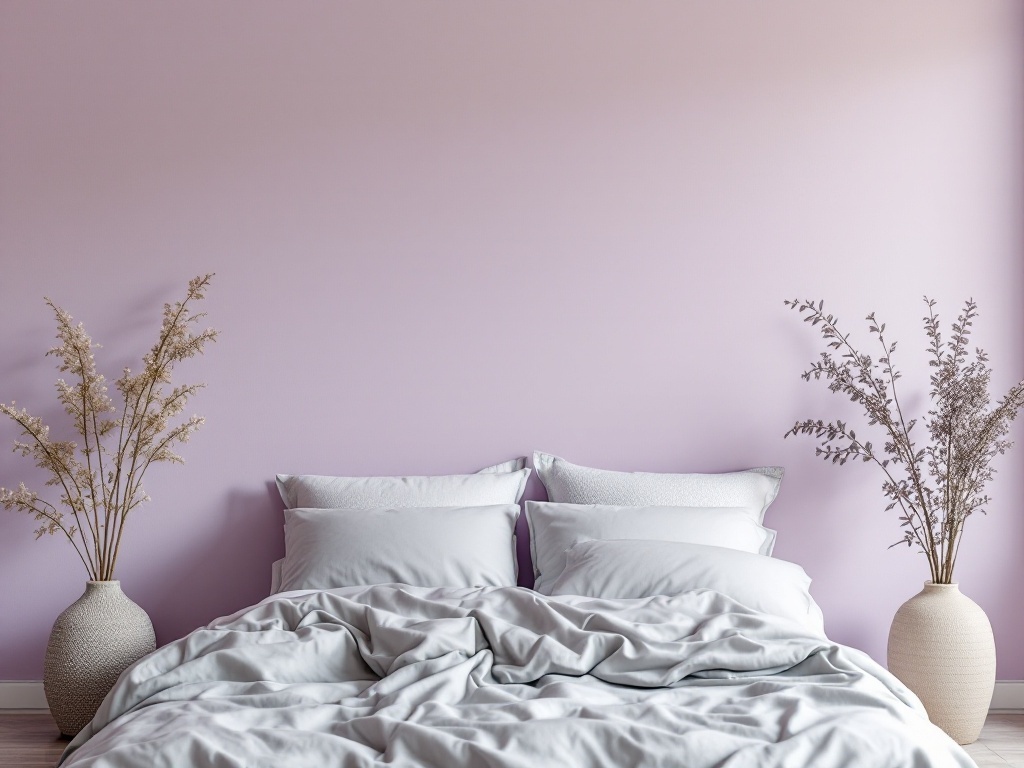A cozy bedroom with soft lavender walls, gray bedding, and vases with dried flowers.