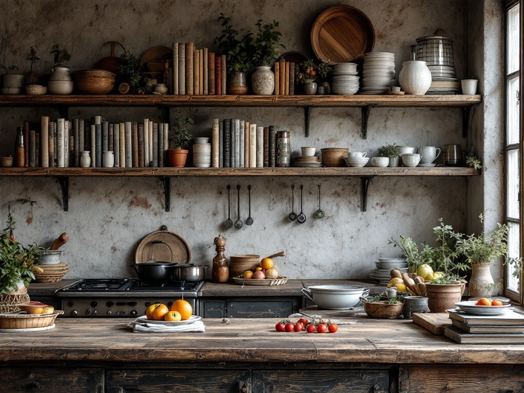 A rustic kitchen with wooden shelves displaying cookbooks, bowls, and plants, creating a warm and inviting atmosphere.