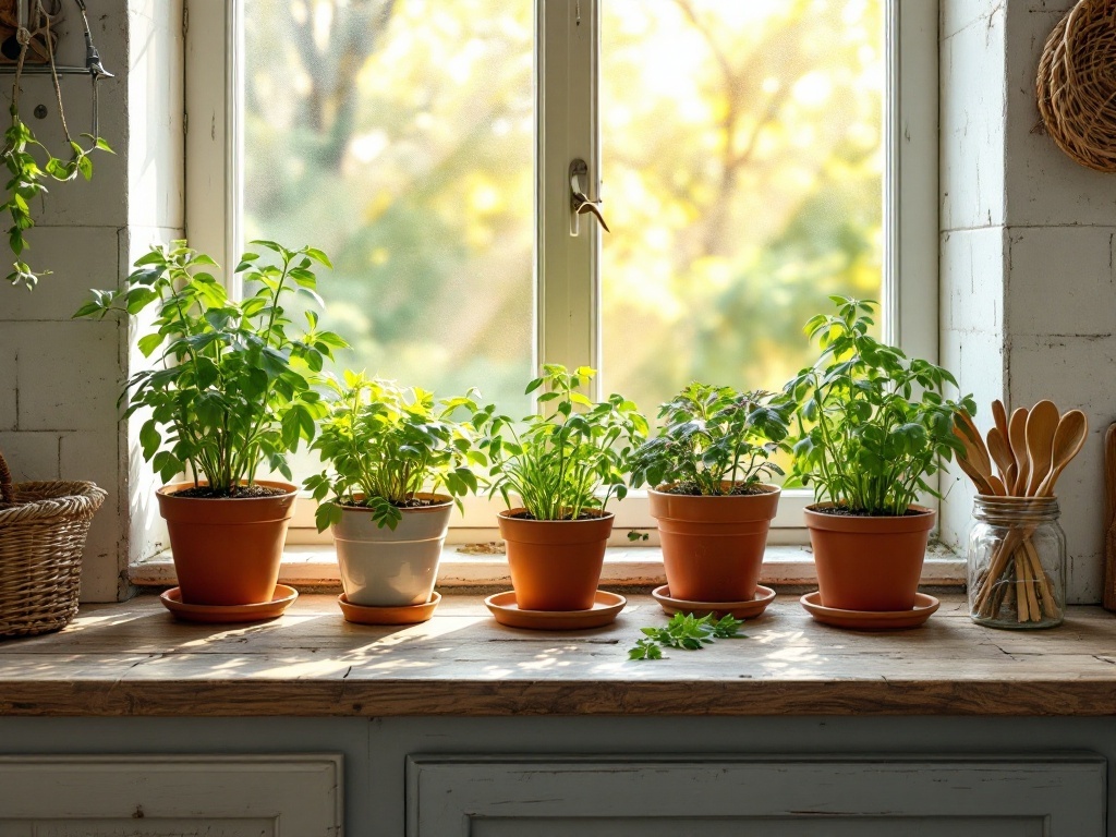 A sunny windowsill with potted herbs, including basil and parsley, on a wooden surface.