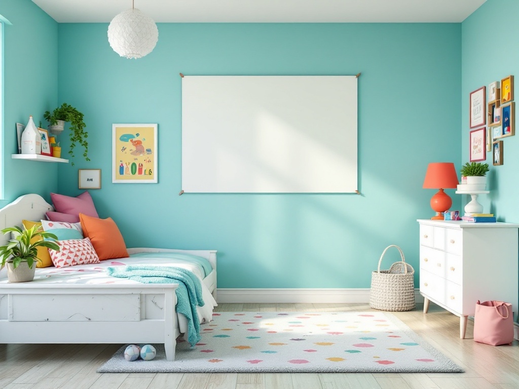 A bright bedroom featuring teal walls, white furniture, colorful pillows, and playful decor.