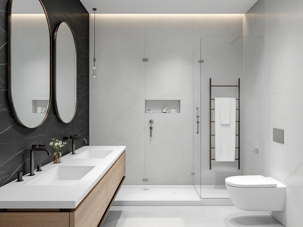 Modern bathroom featuring a black stone accent wall, sleek mirrors, and minimalist design elements.
