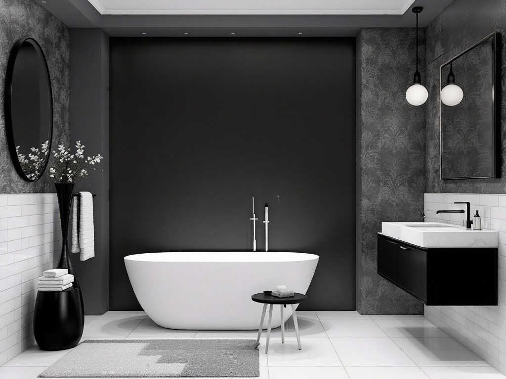 Monochrome bathroom with black walls, white tub, and modern fixtures
