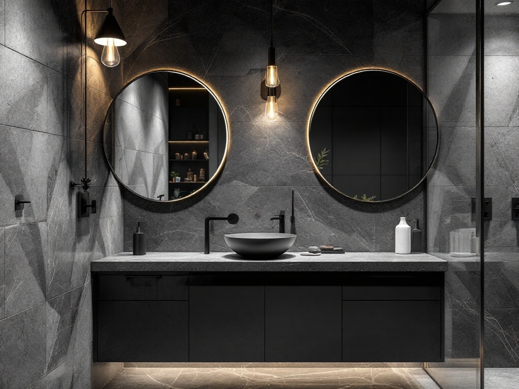 Modern bathroom with black lighting fixtures and round mirrors