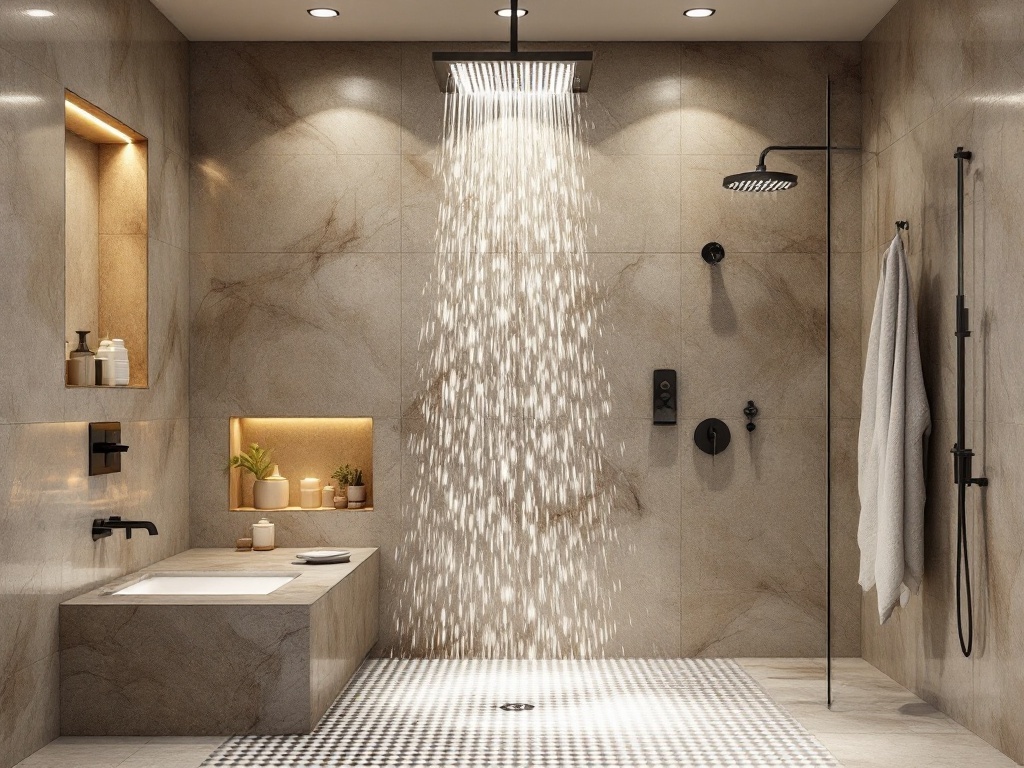 Luxurious spa-like shower with rainfall head and elegant stone walls