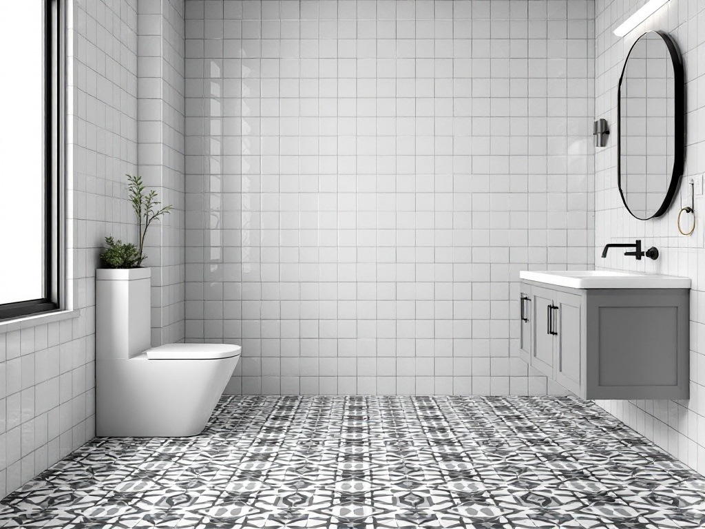 Modern bathroom with geometric black and white tile patterns on the floor, white walls, and minimalistic fixtures.