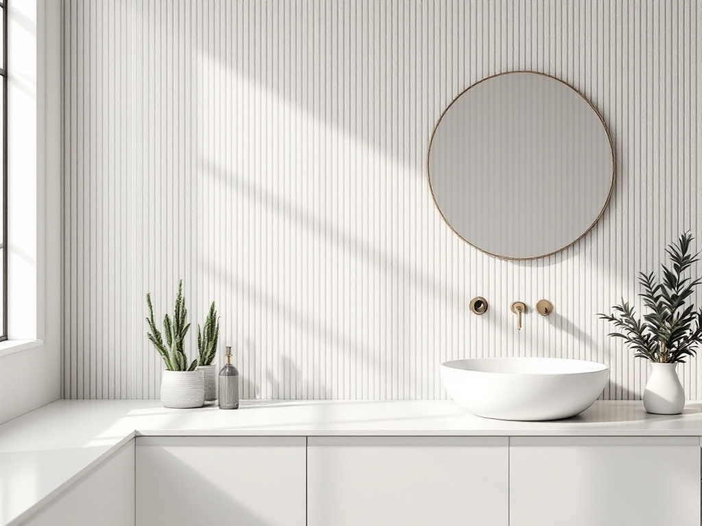 A minimalist bathroom with striped wallpaper, a round mirror, and potted plants.