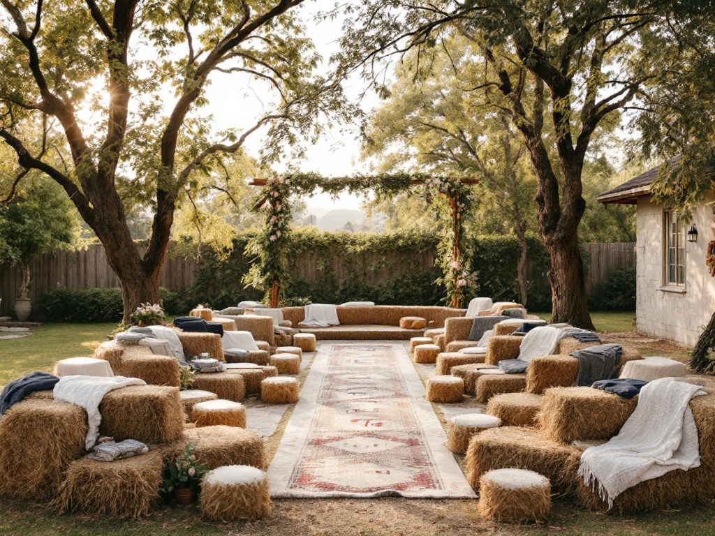Outdoor wedding seating arrangement with hay bales and blankets