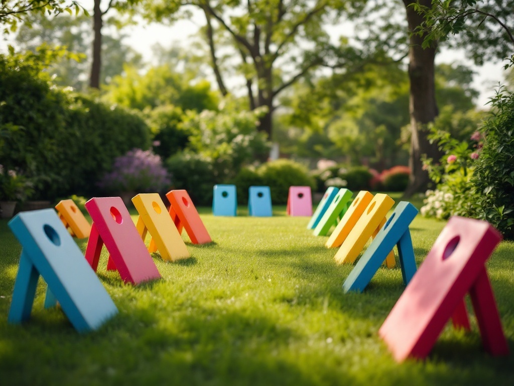 Colorful bean bag toss boards set up on a grassy lawn for a backyard wedding.