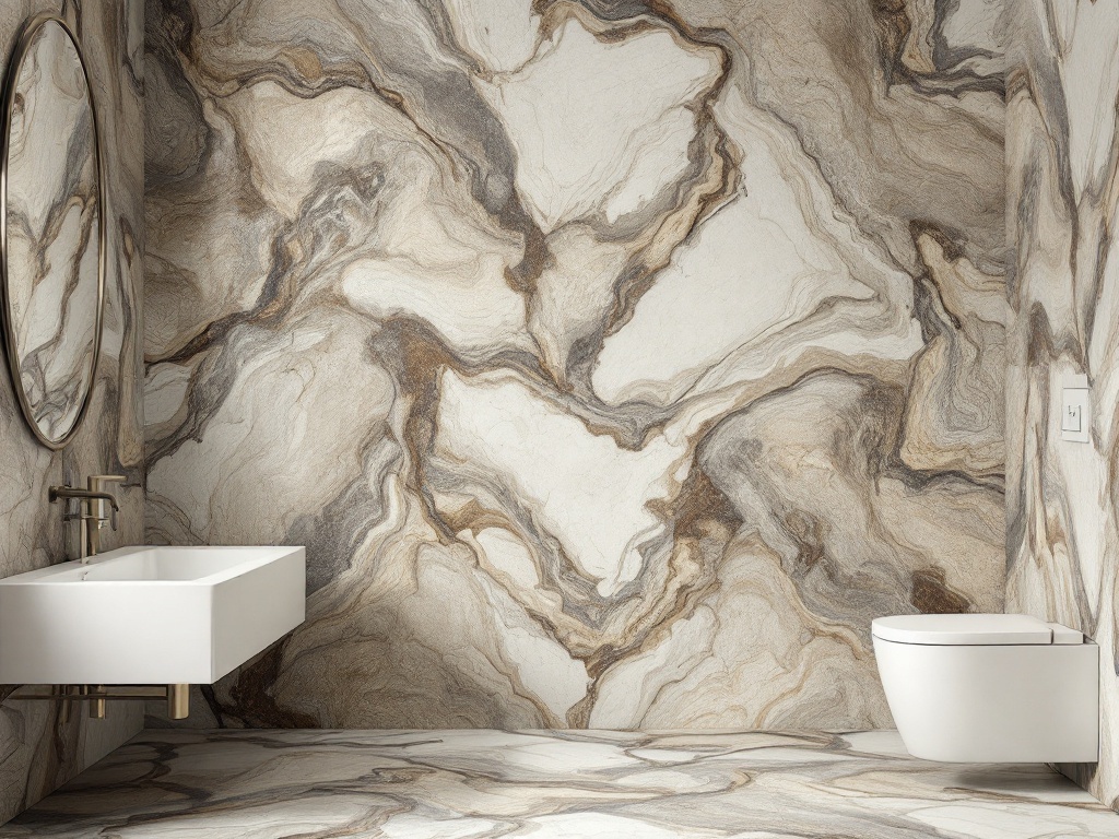 A modern bathroom with faux marble finish on walls and floor, featuring a sleek sink and toilet.