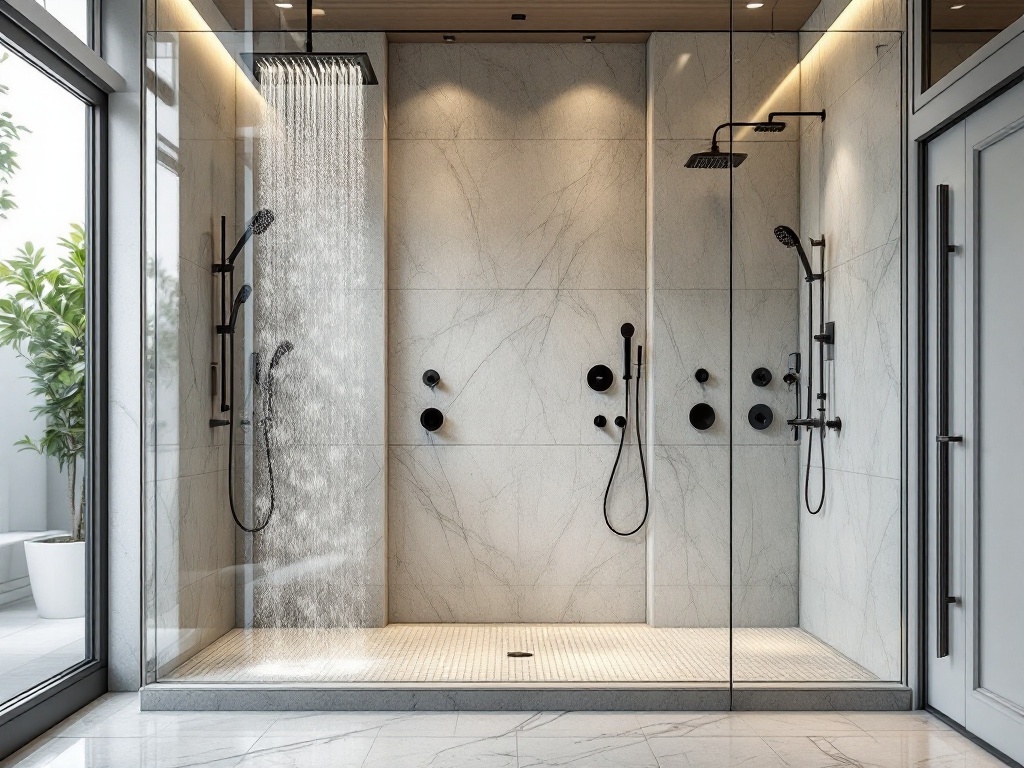 Luxurious spa shower with glass walls, marble tiles, and multiple shower options