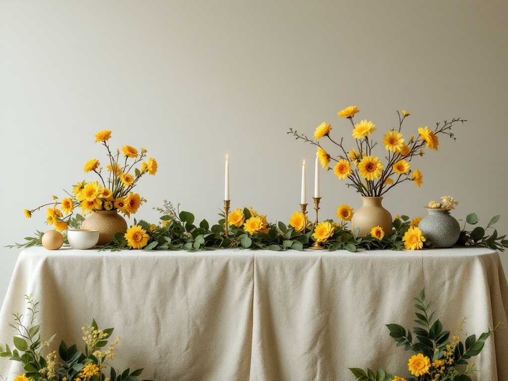 A wedding table setup featuring yellow flowers, candles, and natural green elements.