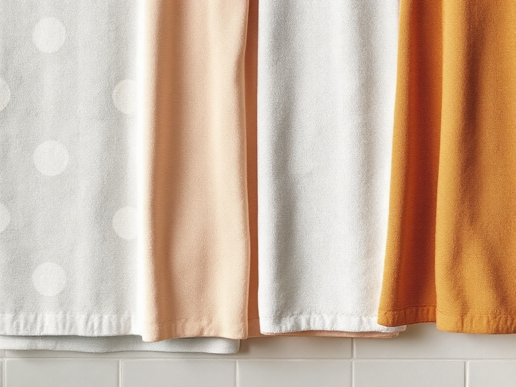 An array of colorful towels hanging in a bathroom, showcasing playful patterns and soft colors.