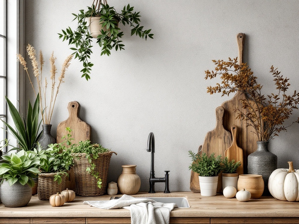 A rustic kitchen with plants, wooden cutting boards, and natural decor elements.
