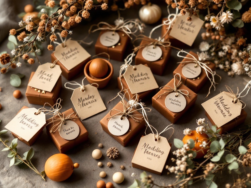 Terracotta wedding favors with tags and twine, surrounded by dried flowers and decorative elements.