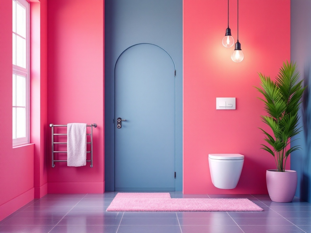 A contemporary bathroom featuring bold pink walls, a blue door, and modern fixtures.