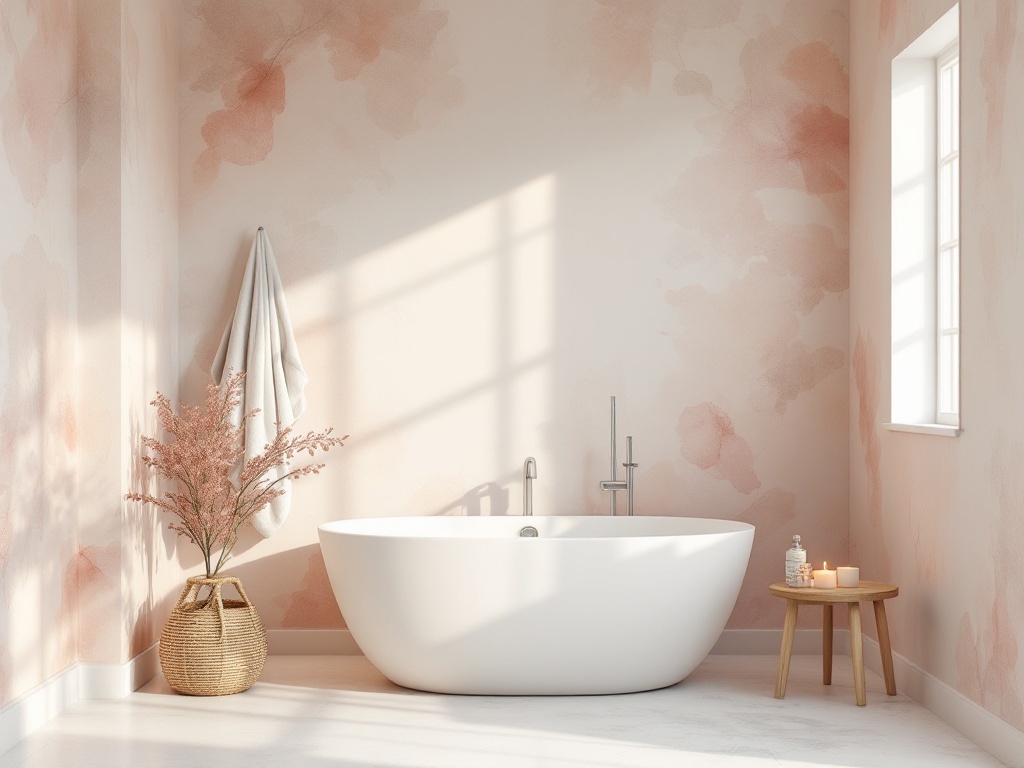 A serene bathroom with soft watercolor walls in pink tones, a freestanding tub, and natural light.
