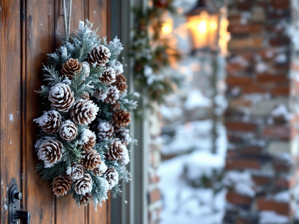 A frosted pinecone wreath hanging on a wooden door, surrounded by a snowy landscape.