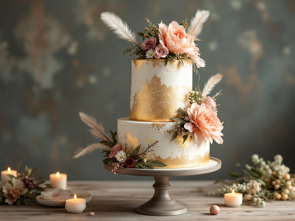 A two-tier wedding cake decorated with gold leaf, flowers, and feathers, surrounded by candles.