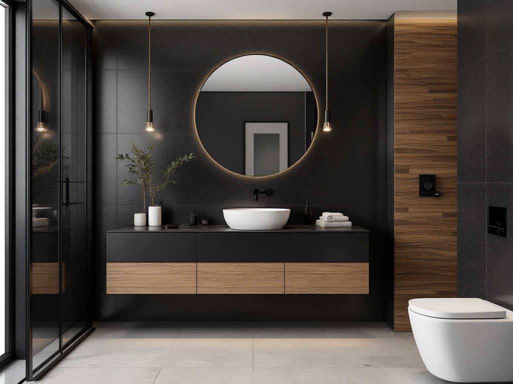 Modern bathroom featuring a combination of black and wood elements, with a round mirror and stylish lighting.