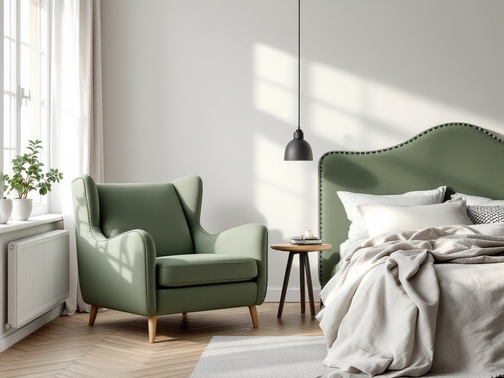 A cozy bedroom featuring sage green furniture, including an armchair and a headboard, with natural light and a plant by the window.