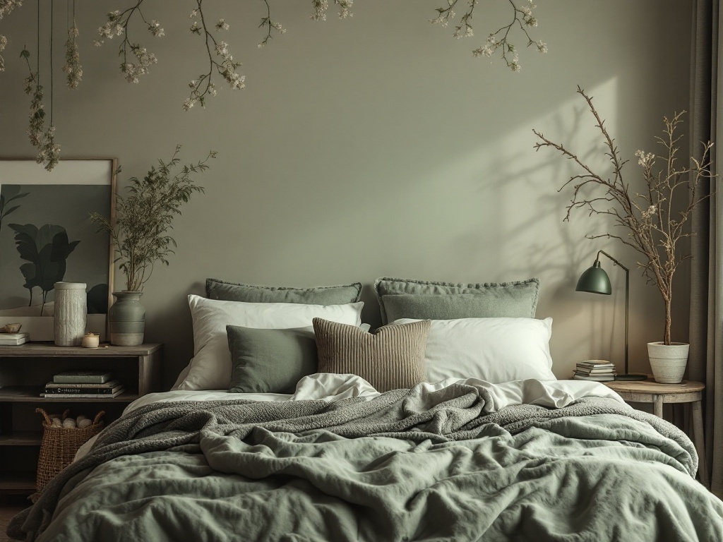 A cozy bedroom featuring sage green walls, layered bedding, and natural decor elements.