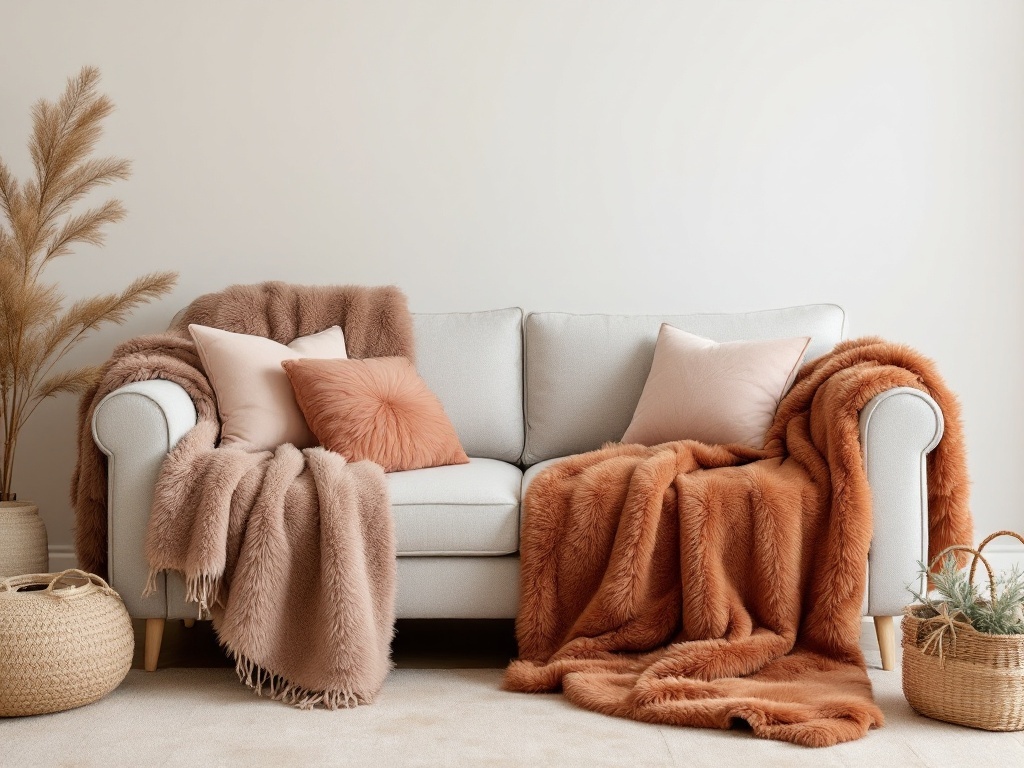 A cozy sofa adorned with luxe faux fur throws in warm tones, complemented by decorative pillows and a stylish basket.